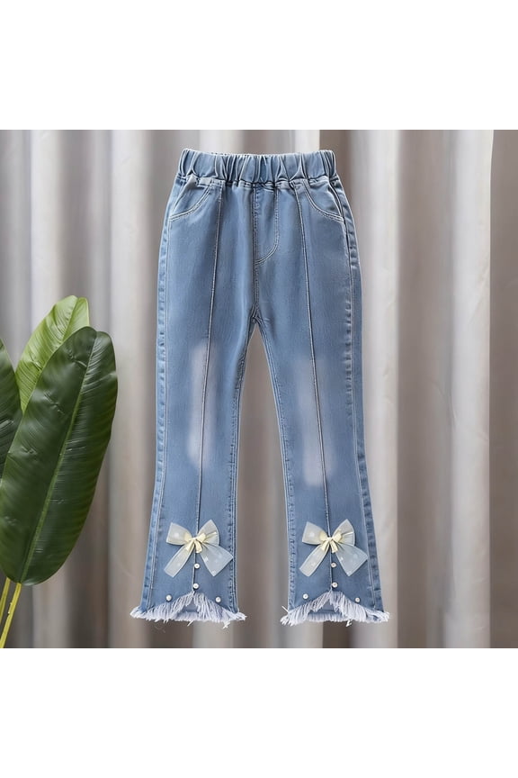 Kids Girls Jeans Trumpet Slim Spring Summer Casual Wear Outside Pants High Waist Flower Leg Opening Long Pantsfor Spring 2026 Light Blue E 3-4 Years
