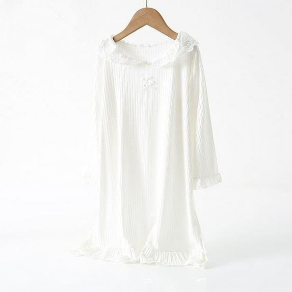 BRGZLK Kids Girls Modal Nightdress Cute Lace Midi Nightgown Long Sleeve Round Neck Casual Comfortable Sleep Dress White 12-13 Years