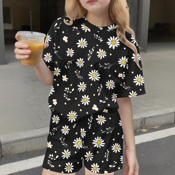 BRGZLK Kids Girls Outfits Clothes Summer Cherry Print Short Sleeve T-Shirt Tops and Elastic Waist Pocket Shorts Sets Kids Casual Versatile Sport Two-Piece Set J 14-15 Years