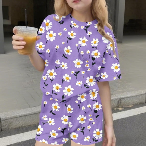BRGZLK Kids Girls Outfits Clothes Summer Cherry Print Short Sleeve T-Shirt Tops and Elastic Waist Pocket Shorts Sets Kids Casual Versatile Sport Two-Piece Set I 13-14 Years