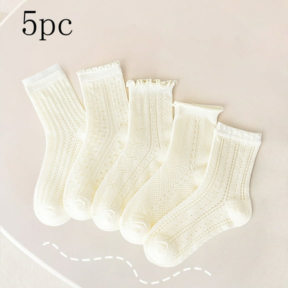 BRGZLK Kids Girls Ruffle Cotton Socks Summer Lightweight Soft Stacked Socks School Uniform Mid Tube Socks 5 Pairs Pack Beige 9-12 Years