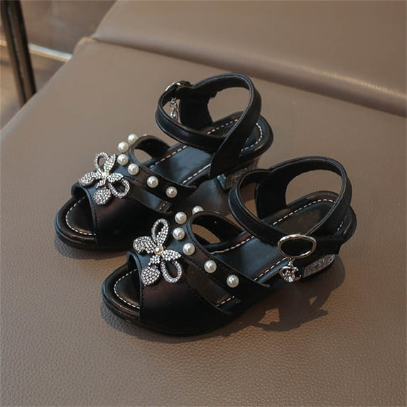 BRGZLK Kids Girls Sandals Summer Fashion Solid Color Rhinestone Princess High Heels Cute Butterfly Toddler Sandals Casual Dress Shoes Black 2.5(Big Kids)