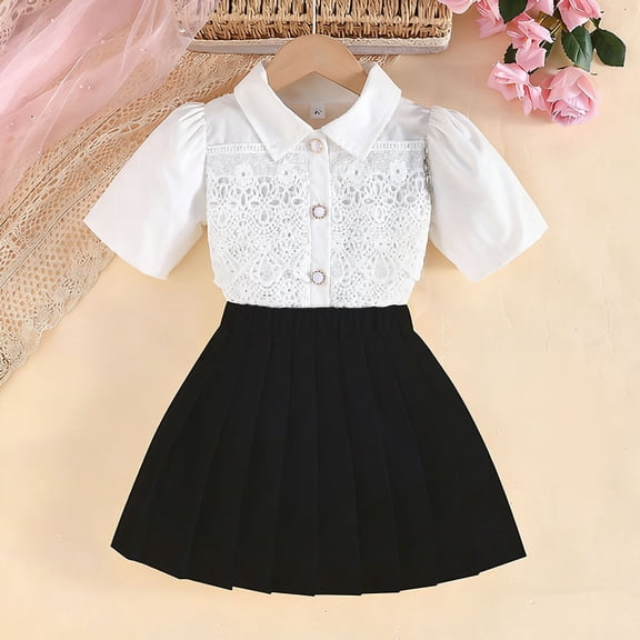 BRGZLK Kids Girls Set Short Sleeve Mesh Button Down Shirts Summer Short Sleeve Shirt and Pleated Short Skirt Birthday Party Princess Outfits Black 2-3 Years