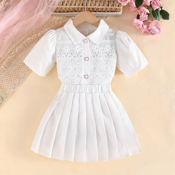 BRGZLK Kids Girls Set Short Sleeve Mesh Button Down Shirts Summer Short Sleeve Shirt and Pleated Short Skirt Birthday Party Princess Outfits White 5-6 Years