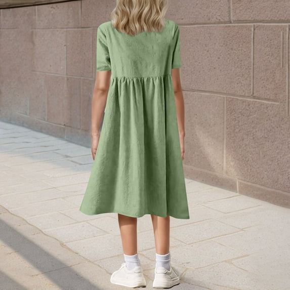 BRGZLK Kids Girls Summer Dresses Trendy Solid Color Short Sleeve Round Neck Imitation Linen Dress Flowy A-Line Dress Mint Green 9-10 Years