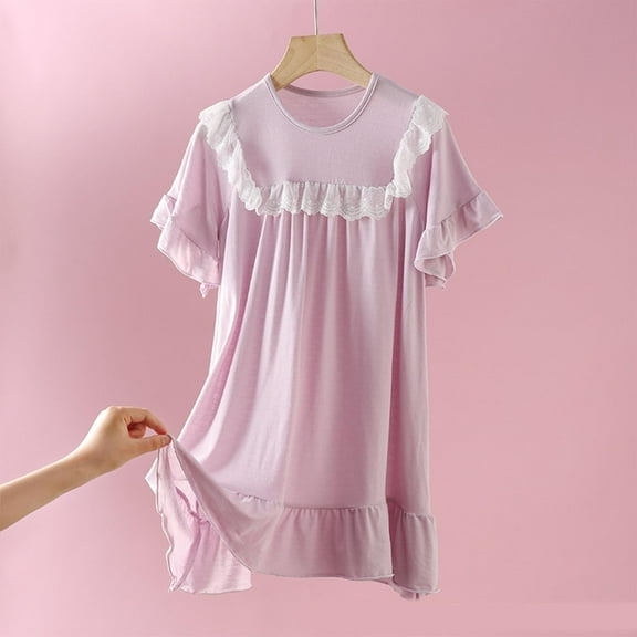 BRGZLK Kids Girls Summer Modal Nightdress Cute Lace Midi Nightgown Casual Comfortable Short Sleeve Round Neck Princess Sleep Dress Purple 11-12 Years