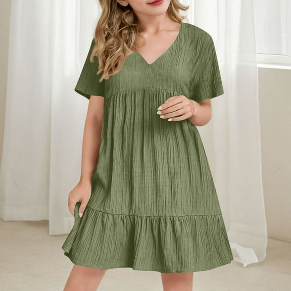 BRGZLK Kids Girls Summer Sundress Cute Solid Color Short Sleeve V-Neck Tiered Crinkle Flowy Swing A-Line Midi Dress Green 13-14 Years