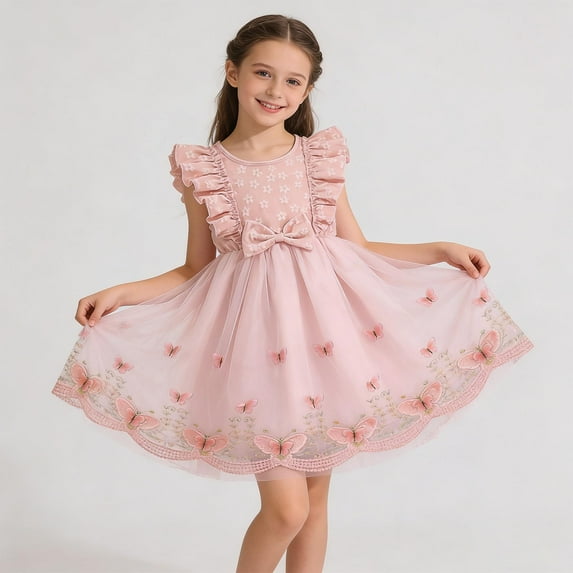 BRGZLK Kids Girls Sweet Bow Sundress Flutter Sleeve 3D Butterfly Net Camisole Dresses Sleeveless Round Knee Length Dresses Summer Casual Comfy Princess Dresses Pink 3-4 Years