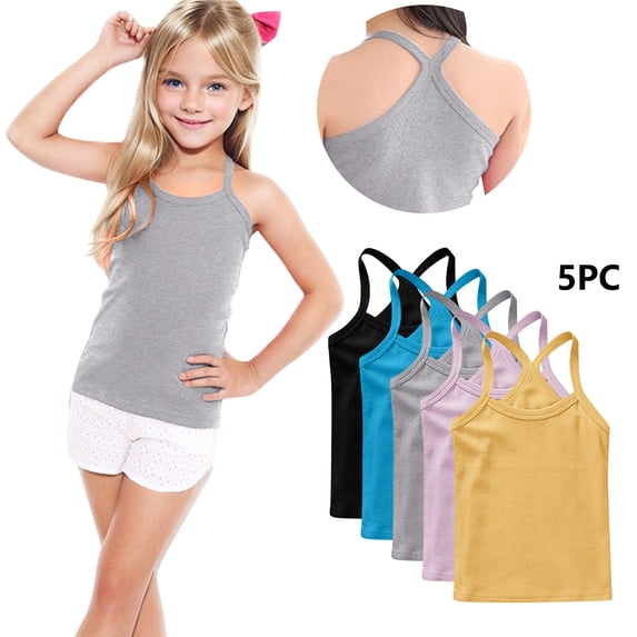 BRGZLK Kids GirlsCamisole Tank Tops 5 Pack Summer Casual Solid Color Kids Comfort Breathable Soft Spaghetti Strap Halter Y-Back Dance Tank Tops Gray 3-4 Years