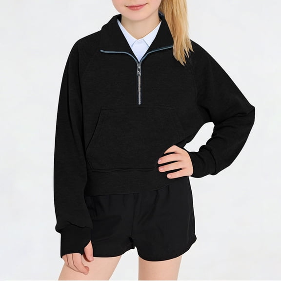 BRGZLK Kids Half Zip Sweatshirt Girls Long Sleeve Thumb Hole Pullover Tops Loose High Neck Fleece Crop Tops with Pocket Black 11-12 Years