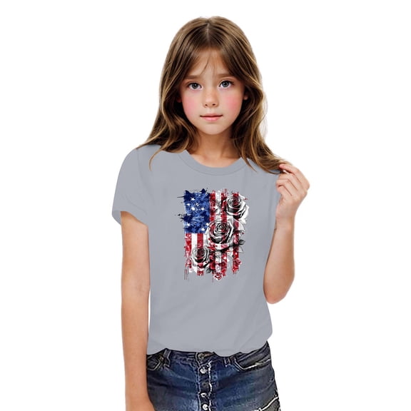 BRGZLK Kids Independence Day Patriotic Short Sleeve Tops Boys Girls Fashion American Flag Tees Casual Round Neck Cotton T-Shirts Gray 5-6 Years
