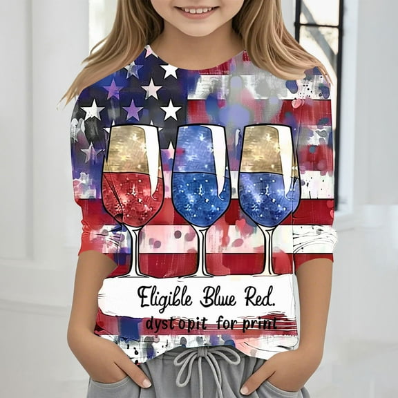 BRGZLK Kids Independence Day Patriotic Top USA Flag Printed 3/4 Sleeve Round Neck Pullover Bottoming Shirt For Middle And Large Children's Boys And Girls Multicolor 9-10 Years