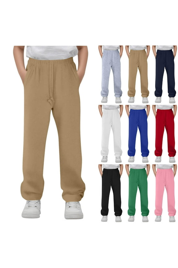 Kids Joggers Sweatpants Boys Girls Fashion Solid Color Casual Elastic Waist Drawstring Strap Straight Leg Sports Long Pants with Pocket Khaki 5-6 Years