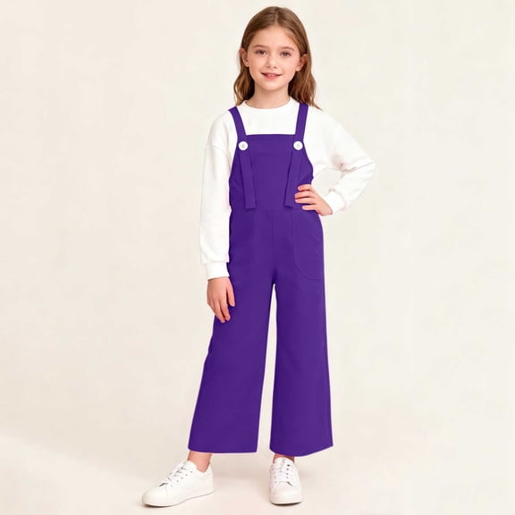 BRGZLK Kids Jumpsuit Girls Overalls Solid Color Trendy Casual Cute Lightweight Long Pants School Season Casual Comfort Overalls with Pocket Purple 7-8 Years