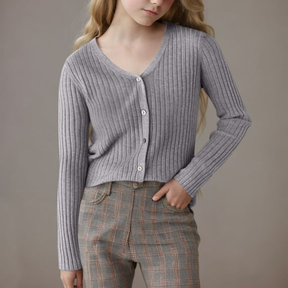 BRGZLK Kids Long Sleeve Button Down Cardigan Boys Girls Fall New Solid Color V-Neck Basic Knit Sweater Coat Gray 10-11 Years