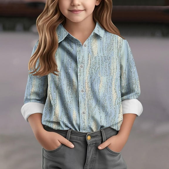 BRGZLK Kids Long Sleeve Button-Down Shirts Boys Girls Trendy Regular Print Classic Collared Casual T-Shirt Blue 9-10 Years