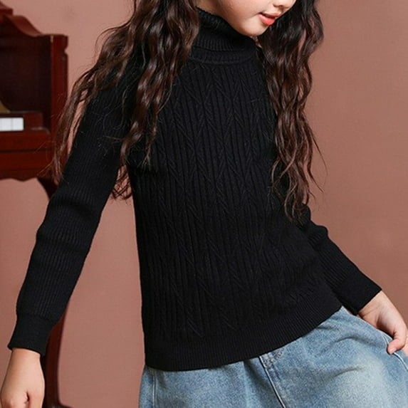 BRGZLK Kids Long Sleeve Knit Thermal T-Shirt Girls Cute Solid Color Striped Thick High Collar Base Shirt Soft Comfortable Warm Top Black 8-10 Years