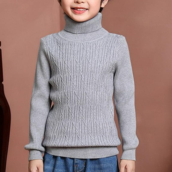 BRGZLK Kids Long Sleeve Knit Thermal T-Shirt Girls Cute Solid Color Striped Thick High Collar Base Shirt Soft Comfortable Warm Top Gray 4-5 Years