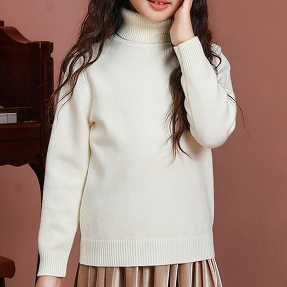 BRGZLK Kids Long Sleeve Knit Thermal Top Trendy Cute Solid Color Thick High Collar Base Shirt Loose Casual Comfortable Warm T-Shirt White 10-12 Years