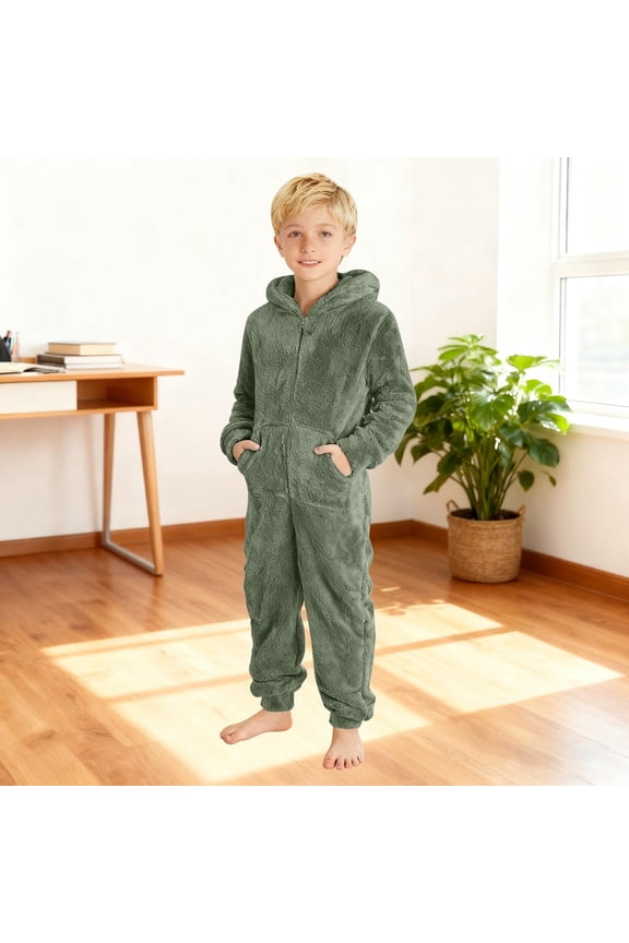 Kids Onesie Homewear Sherpa Hooded Jumpsuit Cute Boys Long Sleeve Fuzzy Warm Romper Adult Casual Loungewear with Pockets Army Green 13-14 Years