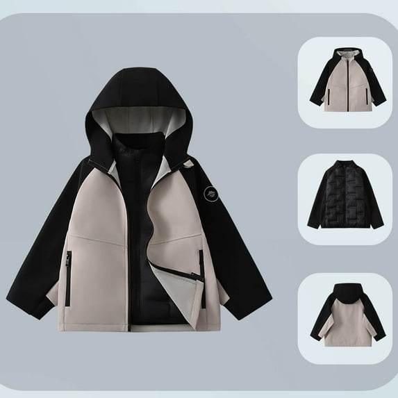 BRGZLK Kids Outdoor 3-In-1 Winter Jackets Boys Girls Detachable Inner Long Sleeve Warm Zipper Coat Waterproof Windproof Lightweight Outdoor Hooded Outwear Black 7-8 Years