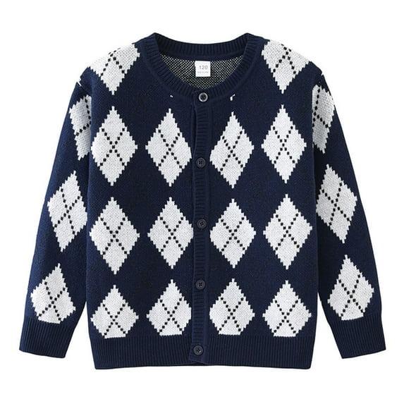 BRGZLK Kids Preppy Style Argyle Cardigan Sweaters Knitted Button Up Winter Warm Long Sleeve Outerwear Casual Top for Girls Boys Navy 1-2 Years