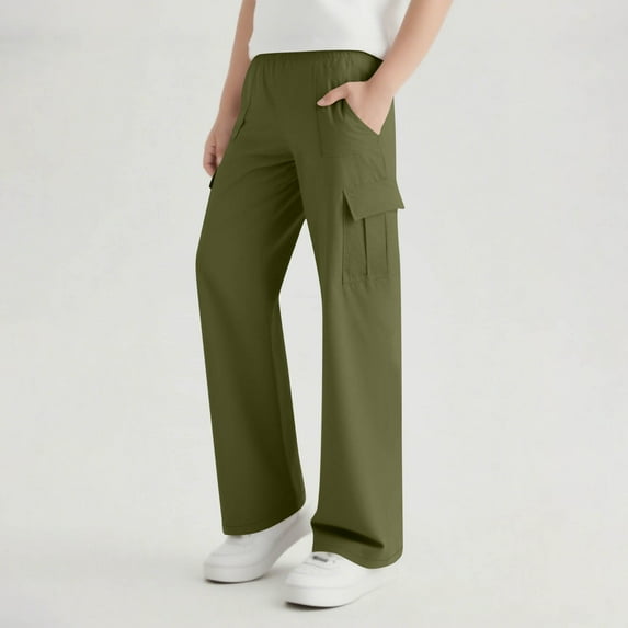 BRGZLK Kids Pull On Cargo Pants Spring Fall Fashion Solid Color Elastic Waist Casual Straight Wide Leg Work Pants with Pockets Army Green 11-12 Years