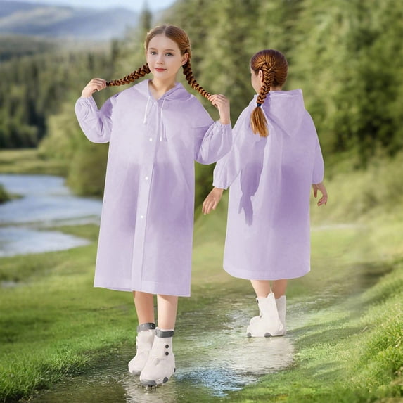 BRGZLK Kids Raincoats Boys Girls Elastic Cuffs See Through Eva Raincoat Long Hooded Travel Outdoor Portable Raincoat for 3-14 Years Purple 3-14 Years
