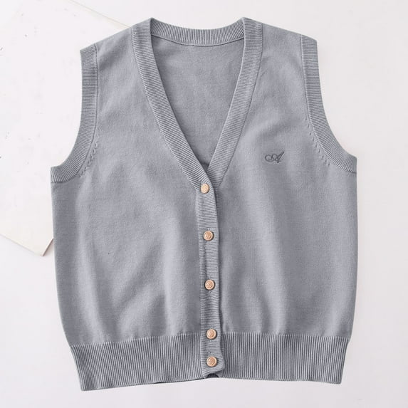 BRGZLK Kids School Uniform Sweater Vest Boys Girls Classic Soild Button Down V-Neck Casual Knit Cardigan Tops Dark Gray 12-14 Years