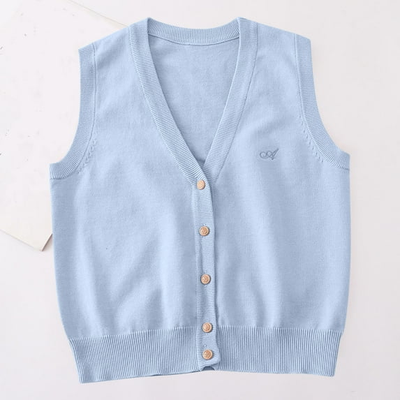 BRGZLK Kids School Uniform Sweater Vest Boys Girls Classic Soild Button Down V-Neck Casual Knit Cardigan Tops Light Blue 12-14 Years