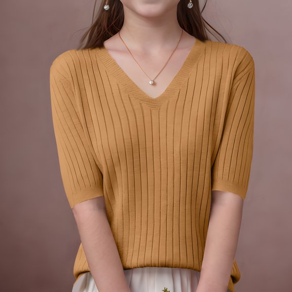 BRGZLK Kids Short Sleeve Sweater Fall Cute Solid Color V-Neck Soft and Skin-Friendly Knit Pullover Top Gold 8-9 Years