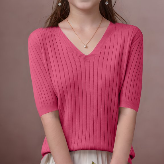 BRGZLK Kids Short Sleeve Sweater Fall Cute Solid Color V-Neck Soft and Skin-Friendly Knit Pullover Top Hot Pink 6-7 Years