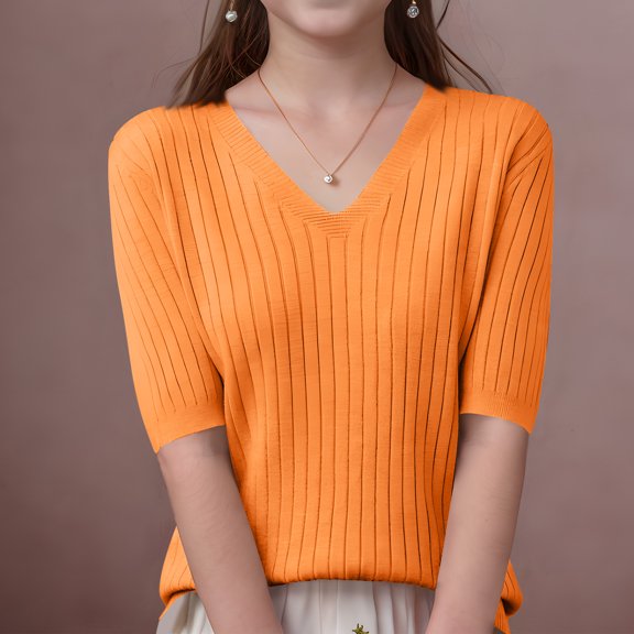 BRGZLK Kids Short Sleeve Sweater Fall Cute Solid Color V-Neck Soft and Skin-Friendly Knit Pullover Top Orange 14-15 Years