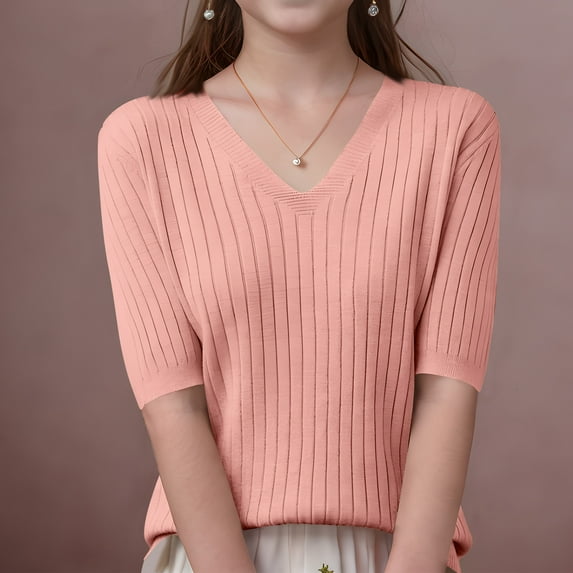 BRGZLK Kids Short Sleeve Sweater Fall Cute Solid Color V-Neck Soft and Skin-Friendly Knit Pullover Top Pink 14-15 Years