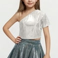 thumbnail image 1 of BRGZLK Kids Short Sleeve T-Shirt,Children's Performance Outfit Sequined Short Sleeved T-Shirt With Exposed Waist and Navel Round Neck Elastic Top Silver 4-5 Years, 1 of 4