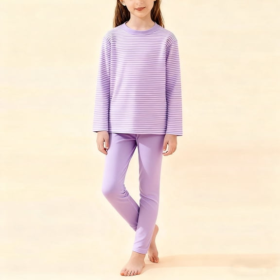 BRGZLK Kids' Stripe Pure Cotton Warm Underwear Loungewear Round Neck Long Sleeve Long Pants Base Layer Home Clothing Two Pieces Set Purple 15-16 Years