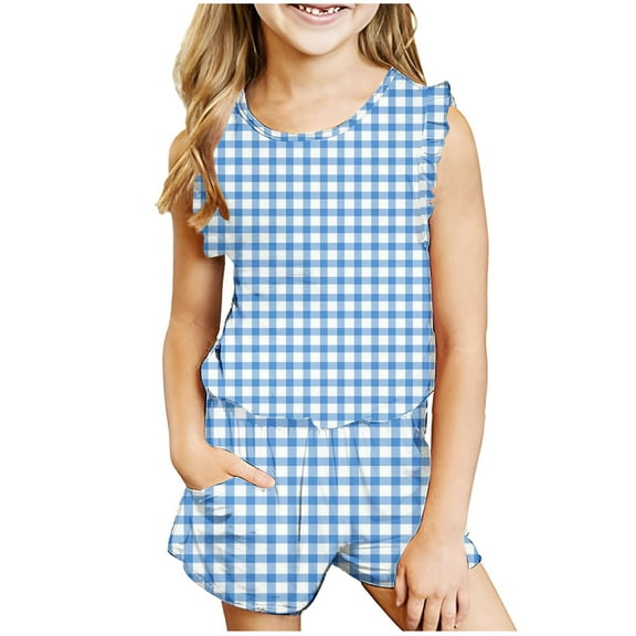BRGZLK Kids Summer Clothing Sets Trendy Checkered Print Vest Casual Round Neck Sleeveless Vest and Elastic Waist Short Pants Sets Sky Blue 11-12 Years