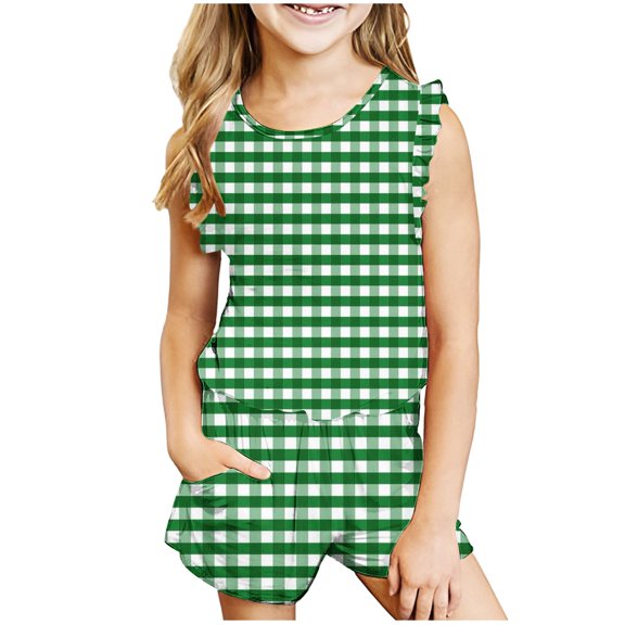BRGZLK Kids Summer Clothing Sets Trendy Checkered Print Vest Casual Round Neck Sleeveless Vest and Elastic Waist Short Pants Sets Green 4-5 Years