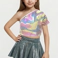 thumbnail image 1 of BRGZLK Kids Summer Cute Tops ,Children's Performance Costume Sequin Sloping Shoulder T-Shirt With Exposed Waist and Navel Elastic Top Multicolor 9-10 Years, 1 of 4
