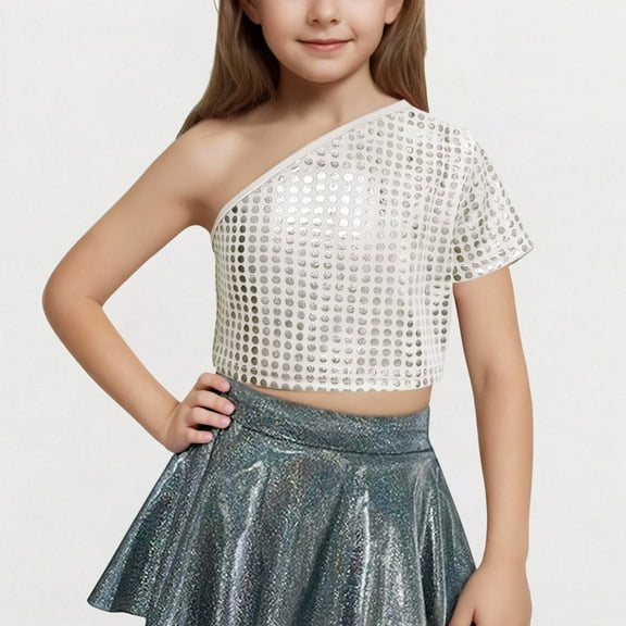 BRGZLK Kids Summer Cute Tops ,Children's Performance Costume Sequin Sloping Shoulder T-Shirt With Exposed Waist and Navel Elastic Top Silver 8-9 Years