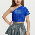 thumbnail image 1 of BRGZLK Kids Summer Cute Tops ,Children's Performance Costume Sequin Sloping Shoulder T-Shirt With Exposed Waist and Navel Elastic Top Blue 8-9 Years, 1 of 4