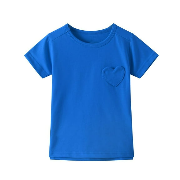 BRGZLK Kids Summer New Shirts Girls Trendy Solid Short Sleeve T-Shirts Loose Round Neck Tops With Cute Heart-Shaped Pocket Blue 9-10 Years