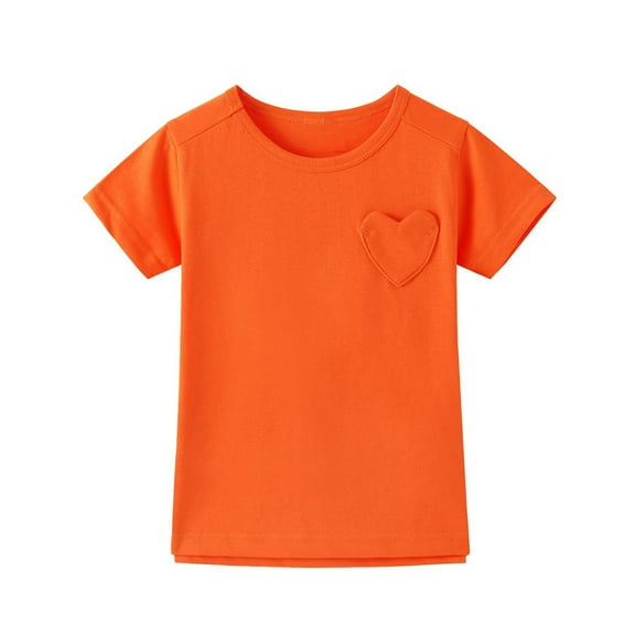 BRGZLK Kids Summer New Shirts Girls Trendy Solid Short Sleeve T-Shirts Loose Round Neck Tops With Cute Heart-Shaped Pocket Orange 7-8 Years
