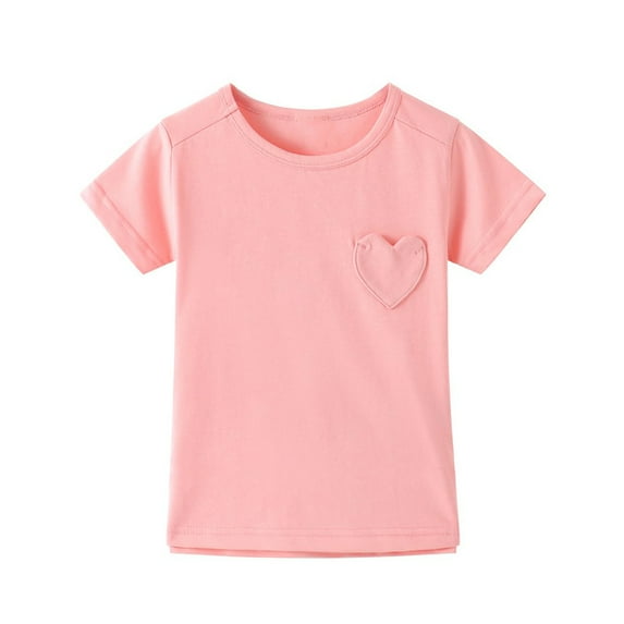 BRGZLK Kids Summer New Shirts Girls Trendy Solid Short Sleeve T-Shirts Loose Round Neck Tops With Cute Heart-Shaped Pocket Pink 5-6 Years