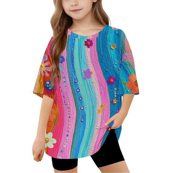 BRGZLK Kids Summer Short Sleeve T-Shirt Boys Girls Trendy Classic Print Round Neck Blouse Loose Soft Daily Short Sleeve Top Multicolor 8-9 Years