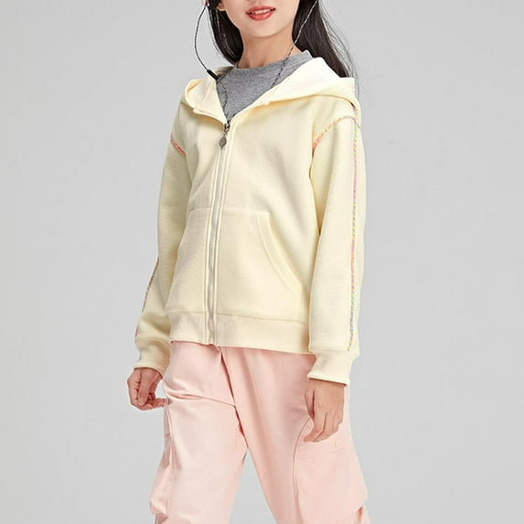 BRGZLK Kids Waffle Hooded Jacket Girls Fall Winter Trendy Solid Color Full-Zip Sporty ports Cardigan Soft Lightweight Outwear Jacket with Pocket Beige 14-15 Years