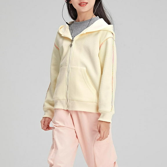 BRGZLK Kids Waffle Hooded Jacket Girls Fall Winter Trendy Solid Color Full-Zip Sporty ports Cardigan Soft Lightweight Outwear Jacket with Pocket Beige 5-6 Years