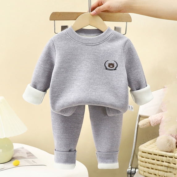 BRGZLK Kids Warm Underwear Set Casual Long Sleeve Round Neck Fleece Lined Thickened Autumn Clothes Pants Two Pieces Set Gray 3-4 Years