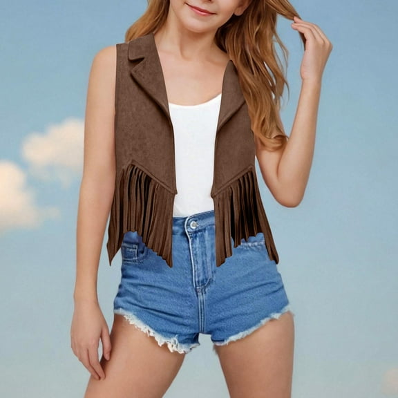 BRGZLK Kids Western Fringe Crop Vest Fashion Solid V-Neck Sleeveless Faux Leather Outwear Hippie Cowgirl Cowboy Style Jacket Coffee 11-12 Years