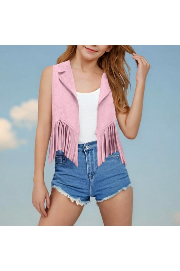 Kids Western Fringe Crop Vest Fashion Solid V-Neck Sleeveless Faux Leather Outwear Hippie Cowgirl Cowboy Style Jacket Pink 7-8 Years